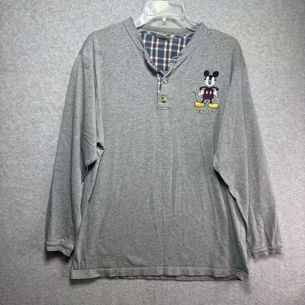 VTG 90s Disney Catalog Henley Shirt Mens Embroidered Mickey Mouse Plaid Gray